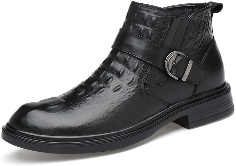 HOOENG Chelsea Boots for Men Crocodile Print with Buckle Genuine Leather Non Slip on Waterproof Wearable Anti-Slip Formal Dress