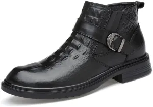 HOOENG Chelsea Boots for Men Crocodile Print with Buckle Genuine Leather Non Slip on Waterproof Wearable Anti-Slip Formal Dress
