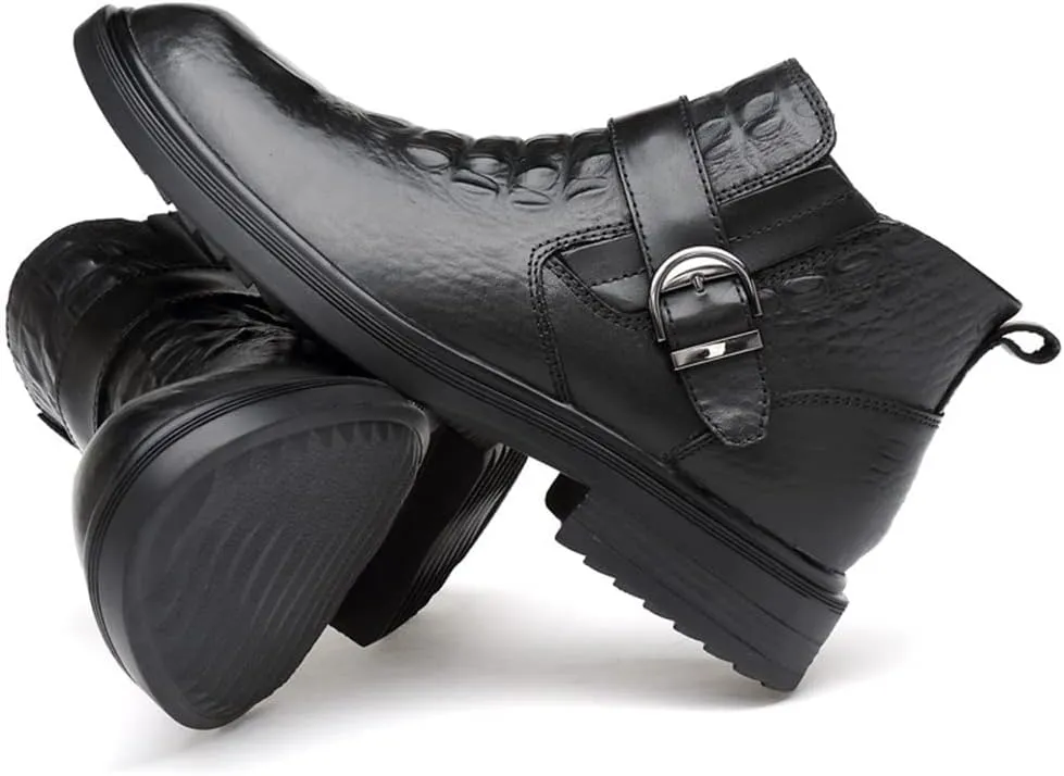 HOOENG Chelsea Boots for Men Crocodile Print with Buckle Genuine Leather Non Slip on Waterproof Wearable Anti-Slip Formal Dress