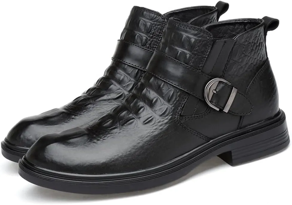 HOOENG Chelsea Boots for Men Crocodile Print with Buckle Genuine Leather Non Slip on Waterproof Wearable Anti-Slip Formal Dress