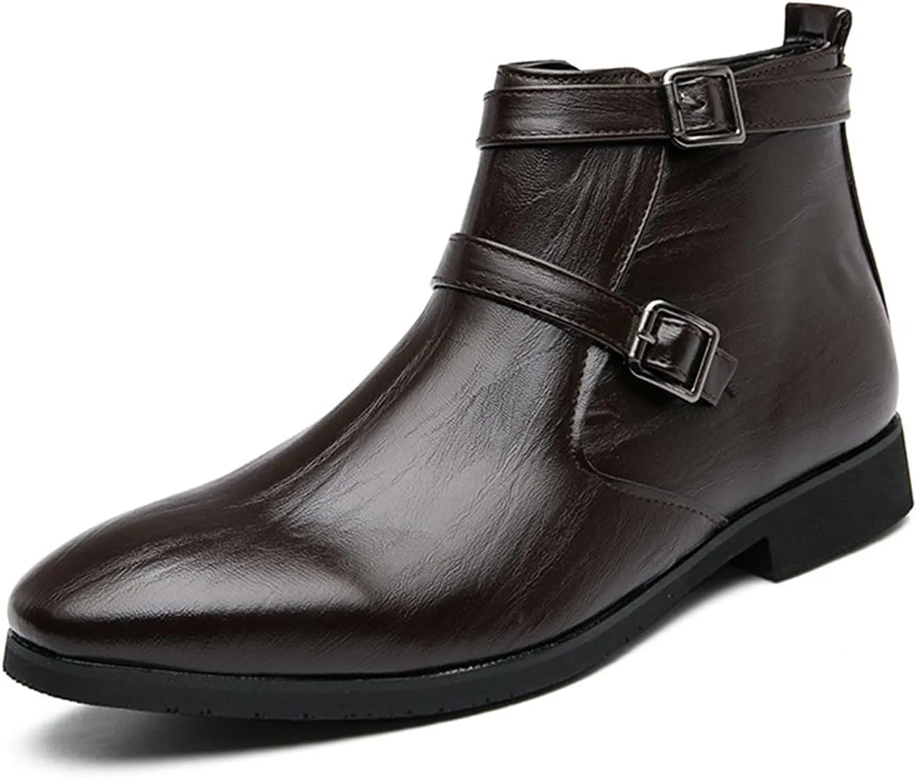 HOOENG Chelsea Boots for Men Duble Buckle Side Zip PU Non Slip Wearable Waterproof Slip on Dress Casual (Color : Brown, Size : 6.5)