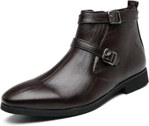 HOOENG Chelsea Boots for Men Duble Buckle Side Zip PU Non Slip Wearable Waterproof Slip on Dress Casual (Color : Brown, Size : 6.5)