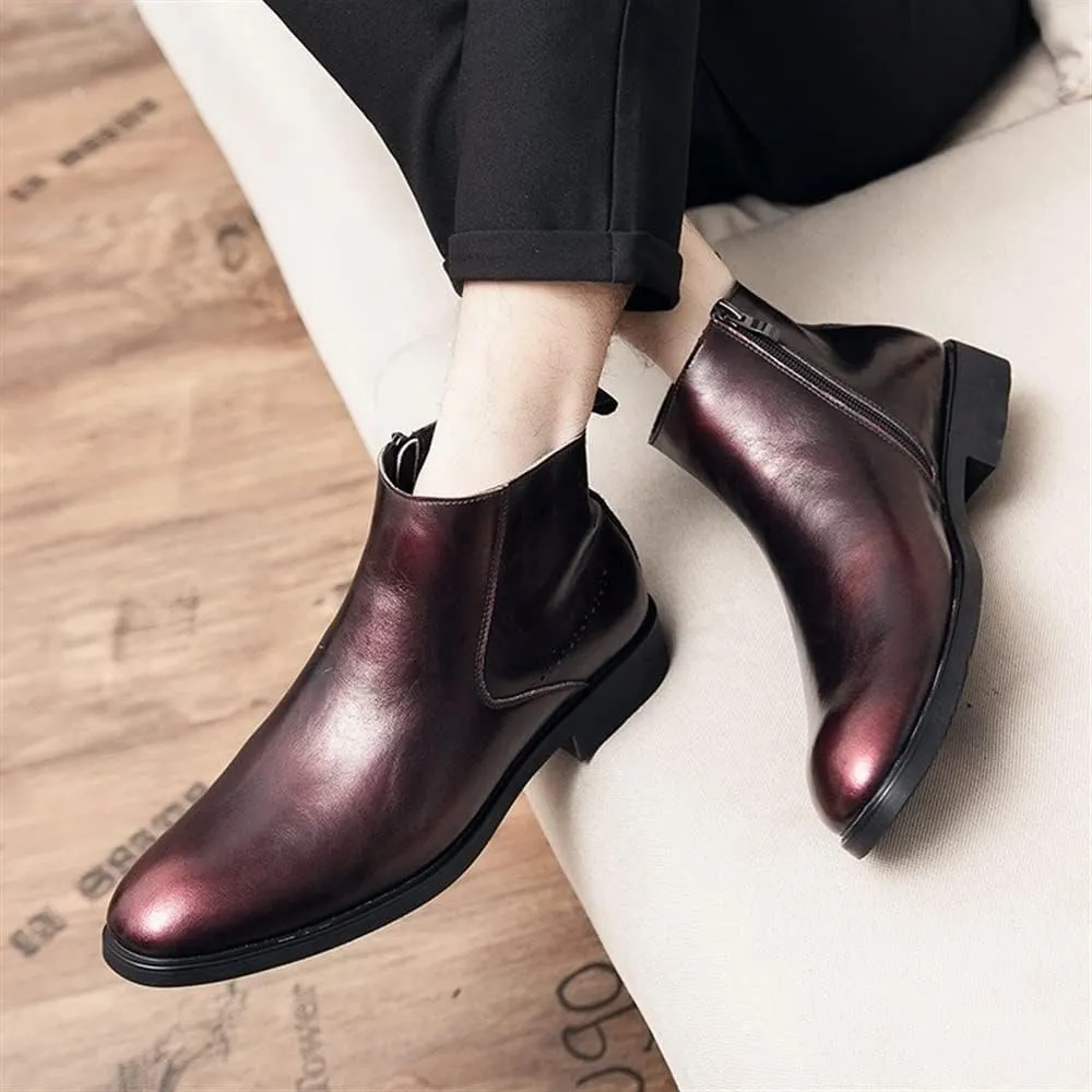 HOOENG Chelsea Boots for Men Round Toe Simple Leather Slip On Waterproof Wearable Dress