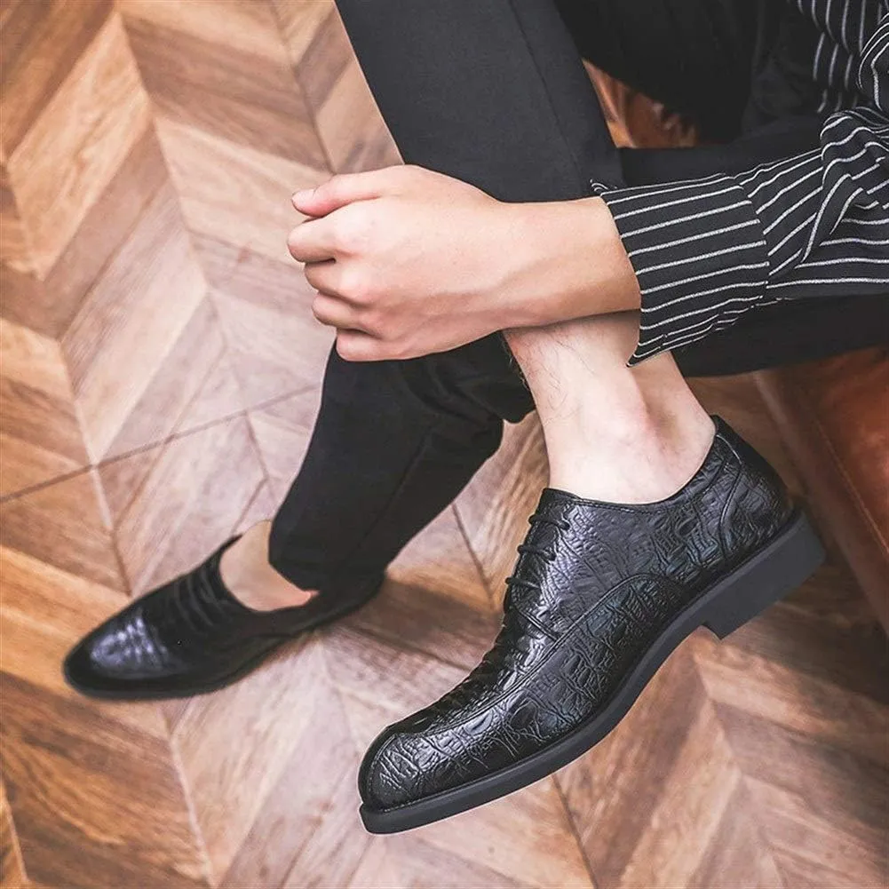 HOOENG Dress Oxford for Men Lace Up Bike Toe Crocodile Print Derby Shoes Vegan Leather Low Top Rubber Sole Anti-Slip Resistant Non Slip Classic