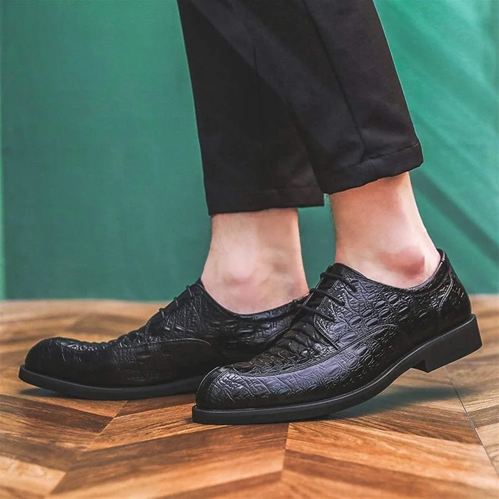 HOOENG Dress Oxford for Men Lace Up Bike Toe Crocodile Print Derby Shoes Vegan Leather Low Top Rubber Sole Anti-Slip Resistant Non Slip Classic