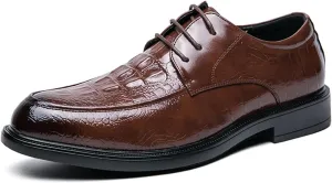 HOOENG Shoes Dress Oxford for Men Lace Up Round Burnished Toe Crocodile Derby Shoes Vegan Leather Anti-Slip Block Heel Low Top Non Slip Party (Color : Brown, Size : 6.5)