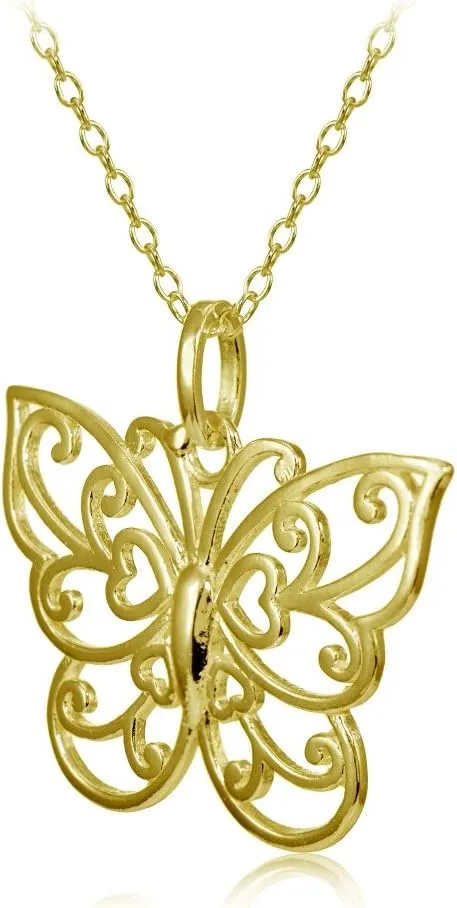 Hoops & Loops 925 Sterling Filigree Butterfly Necklace for Women, Silver, Black, Yellow Gold, Rose Gold Flashed Sterling Silver