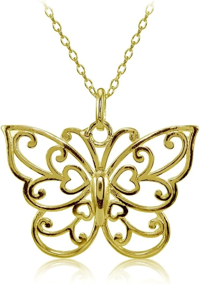 Hoops & Loops 925 Sterling Filigree Butterfly Necklace for Women, Silver, Black, Yellow Gold, Rose Gold Flashed Sterling Silver
