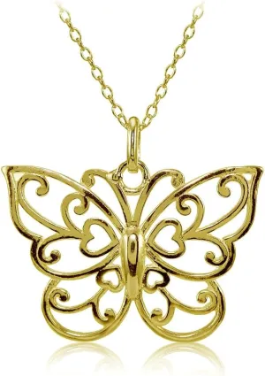 Hoops & Loops 925 Sterling Filigree Butterfly Necklace for Women, Silver, Black, Yellow Gold, Rose Gold Flashed Sterling Silver