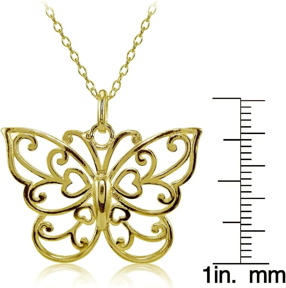 Hoops & Loops 925 Sterling Filigree Butterfly Necklace for Women, Silver, Black, Yellow Gold, Rose Gold Flashed Sterling Silver