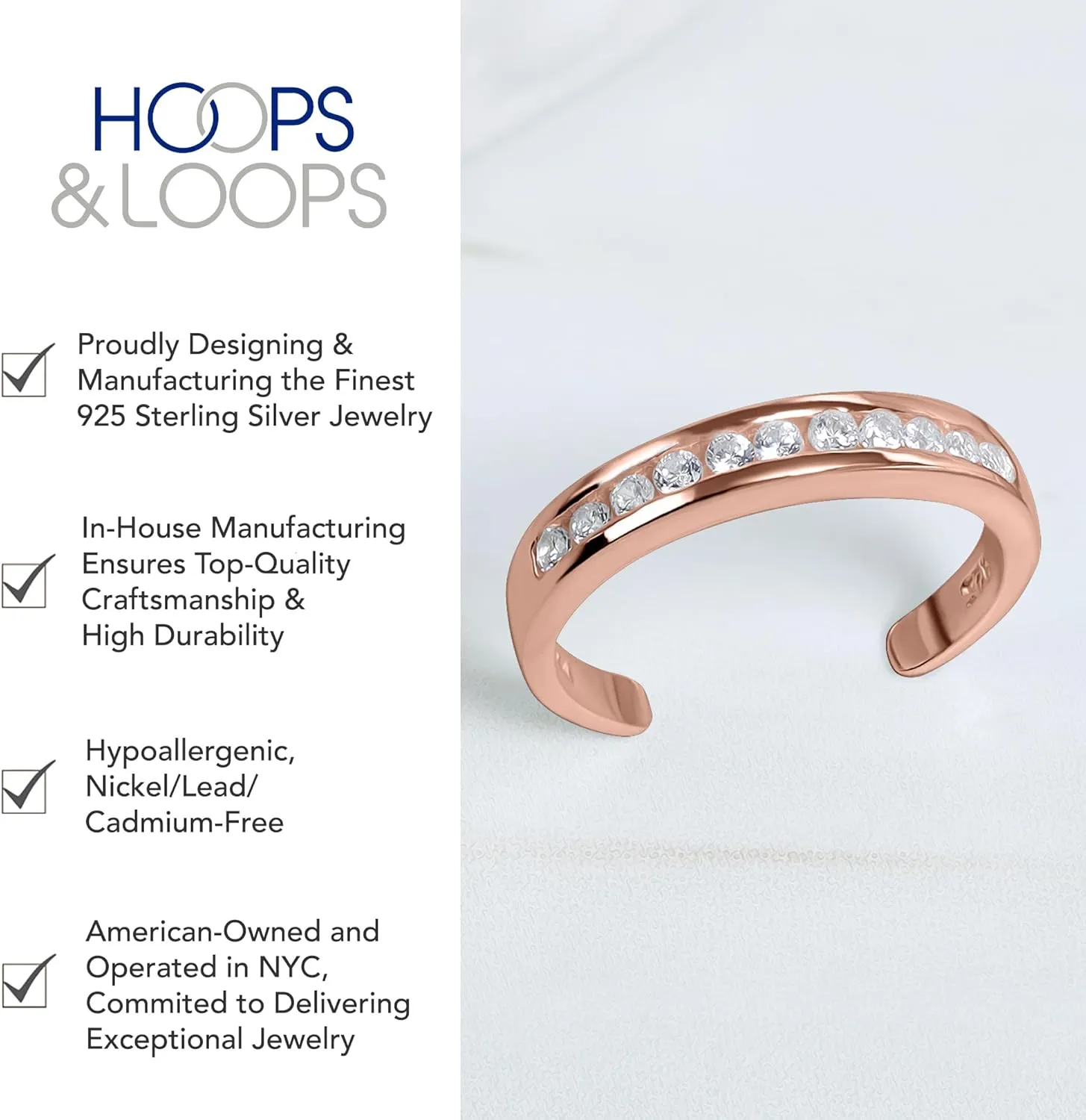 Hoops & Loops 925 Sterling Silver Channel Cubic Zirconia CZ Adjustable Tarnish Resistant Hypoallergenic Open Toe Ring for Women, Silver, Yellow Gold, Rose Gold, Black