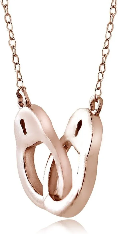 Hoops & Loops 925 Sterling Silver Handcuff and Key Necklace for Women Men, Silver, Yellow & Rose Gold