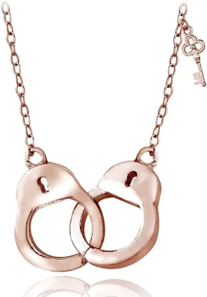 Hoops & Loops 925 Sterling Silver Handcuff and Key Necklace for Women Men, Silver, Yellow & Rose Gold