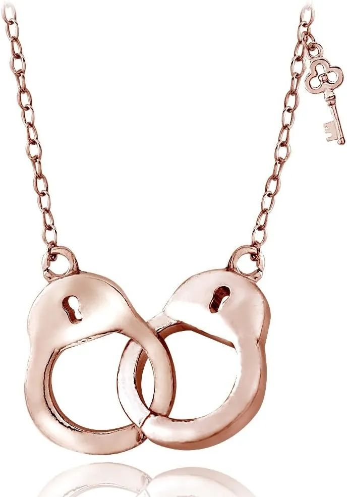 Hoops & Loops 925 Sterling Silver Handcuff and Key Necklace for Women Men, Silver, Yellow & Rose Gold