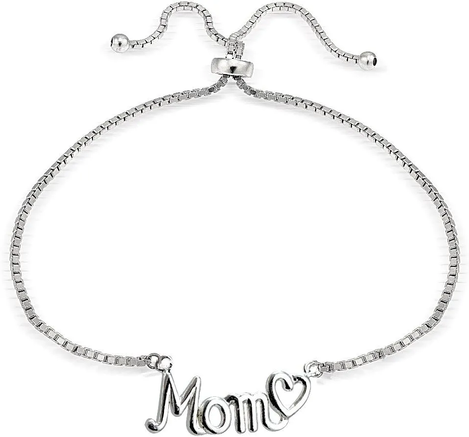 Hoops & Loops Sterling Silver MOM & Heart Polished Adjustable Bracelet