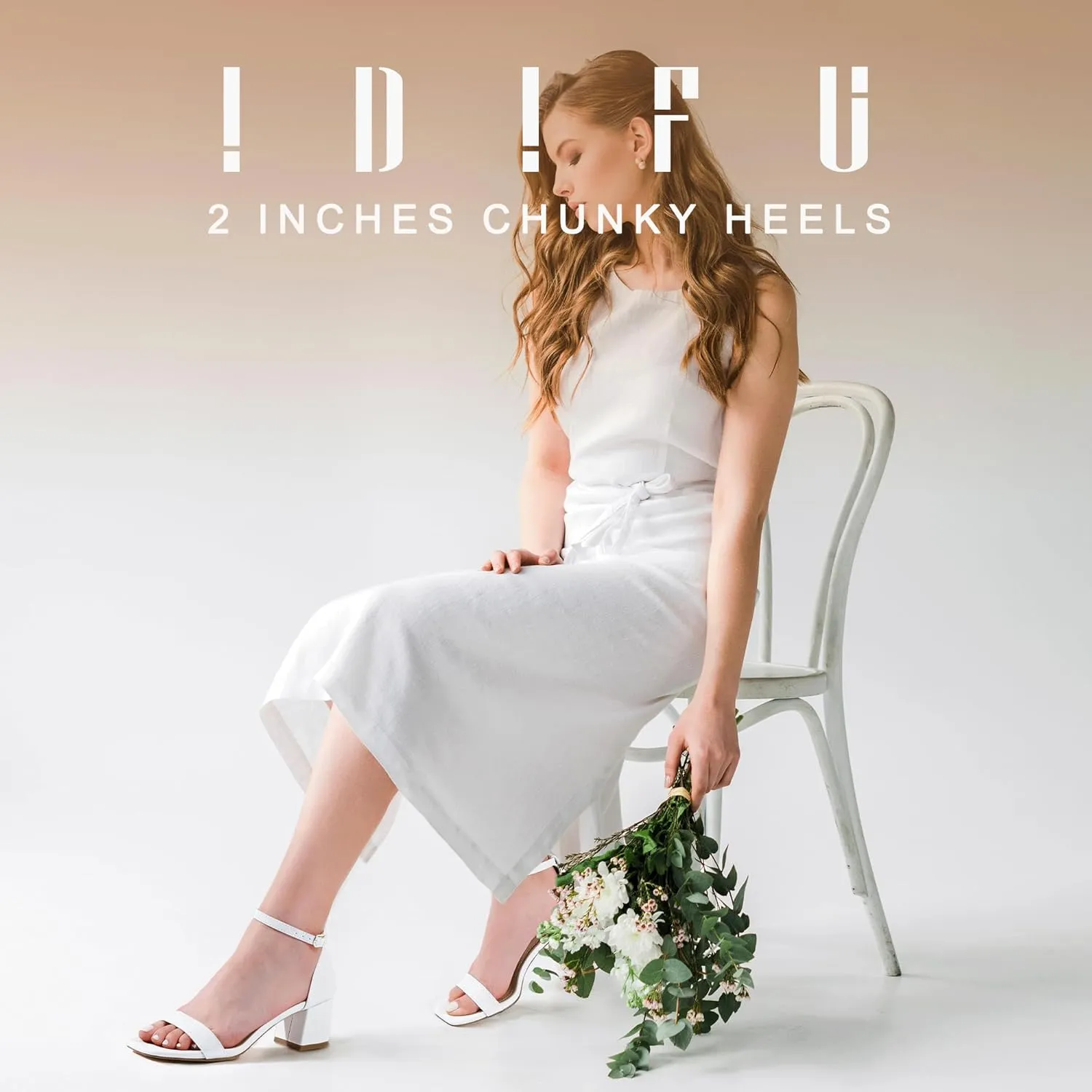 IDIFU IN2 Chunky Block Low Heels Square Open Toe Ankle Strap Short Heeled Sandals Wedding Bride Bridal Ladies Summer Prom Dress Shoes for Women Dressy Comfortable Formal Cute Trendy Small Thick Heels