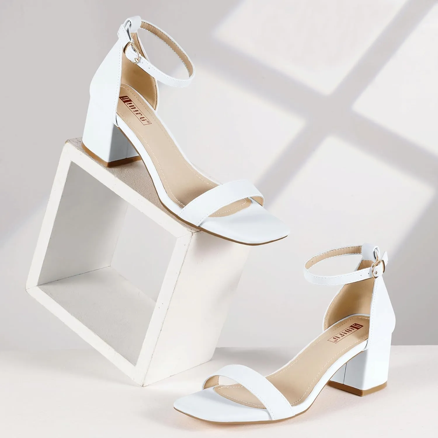IDIFU IN2 Chunky Block Low Heels Square Open Toe Ankle Strap Short Heeled Sandals Wedding Bride Bridal Ladies Summer Prom Dress Shoes for Women Dressy Comfortable Formal Cute Trendy Small Thick Heels