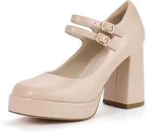 IDIFU IN4 Mary Jane Shoes Platform Chunky High Heels Closed Toe Dress Shoes for Women Wedding Work Business Homecoming Party Shoes Comfortable Casual Dressy Square Toe Heels Pumps
