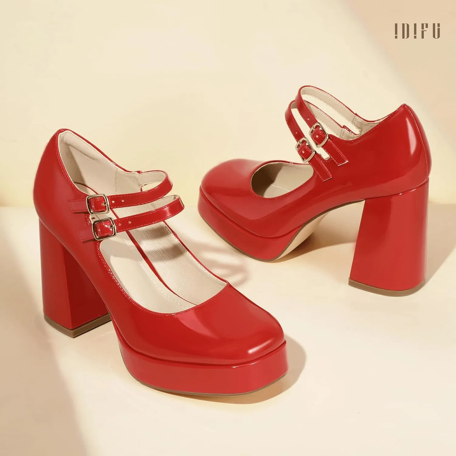 IDIFU IN4 Mary Jane Shoes Platform Chunky High Heels Closed Toe Dress Shoes for Women Wedding Work Business Homecoming Party Shoes Comfortable Casual Dressy Square Toe Heels Pumps