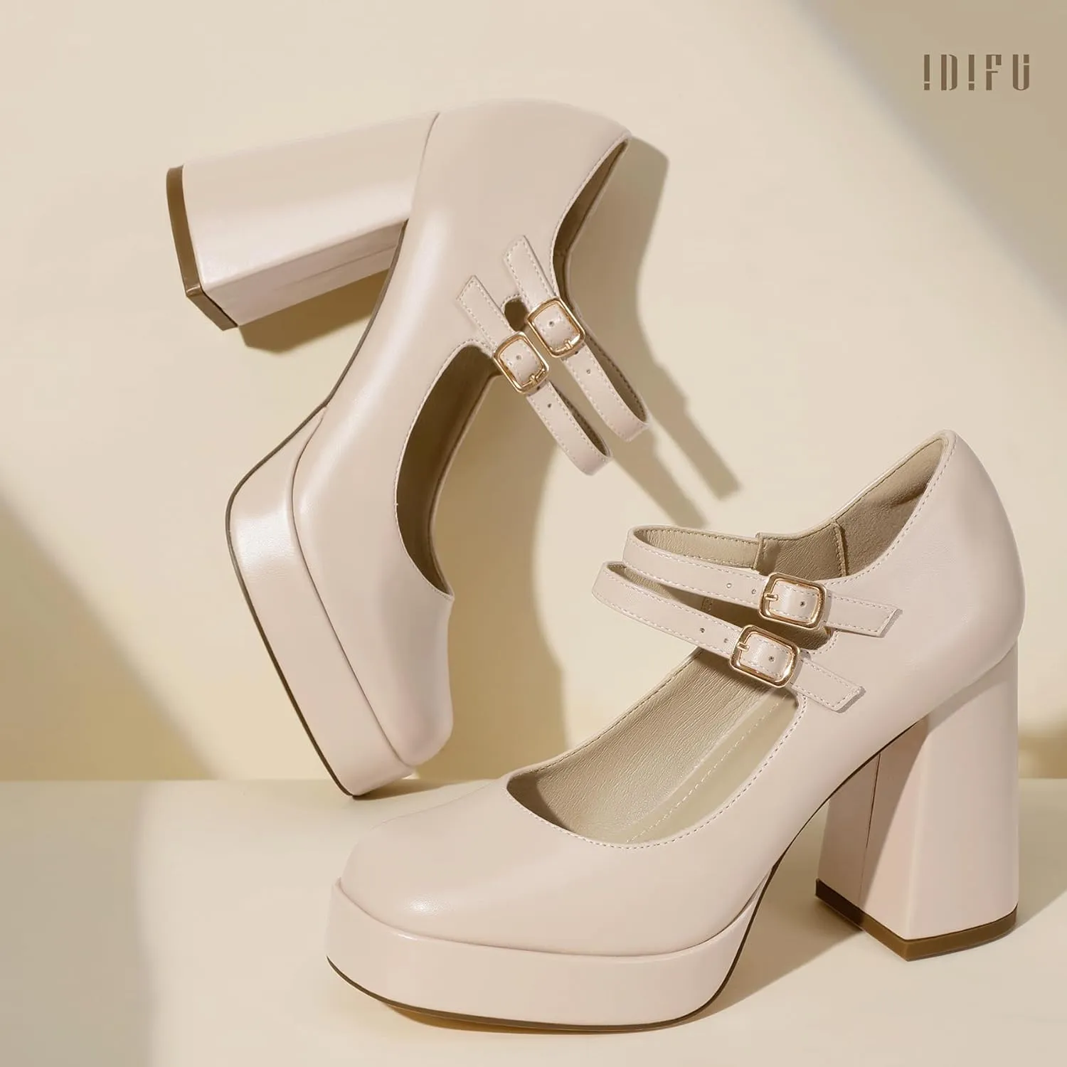 IDIFU IN4 Mary Jane Shoes Platform Chunky High Heels Closed Toe Dress Shoes for Women Wedding Work Business Homecoming Party Shoes Comfortable Casual Dressy Square Toe Heels Pumps