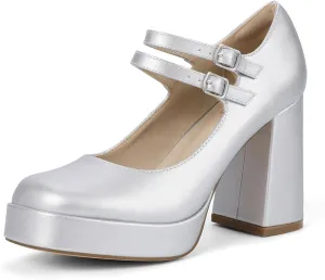 IDIFU IN4 Mary Jane Shoes Platform Chunky High Heels Closed Toe Dress Shoes for Women Wedding Work Business Homecoming Party Shoes Comfortable Casual Dressy Square Toe Heels Pumps