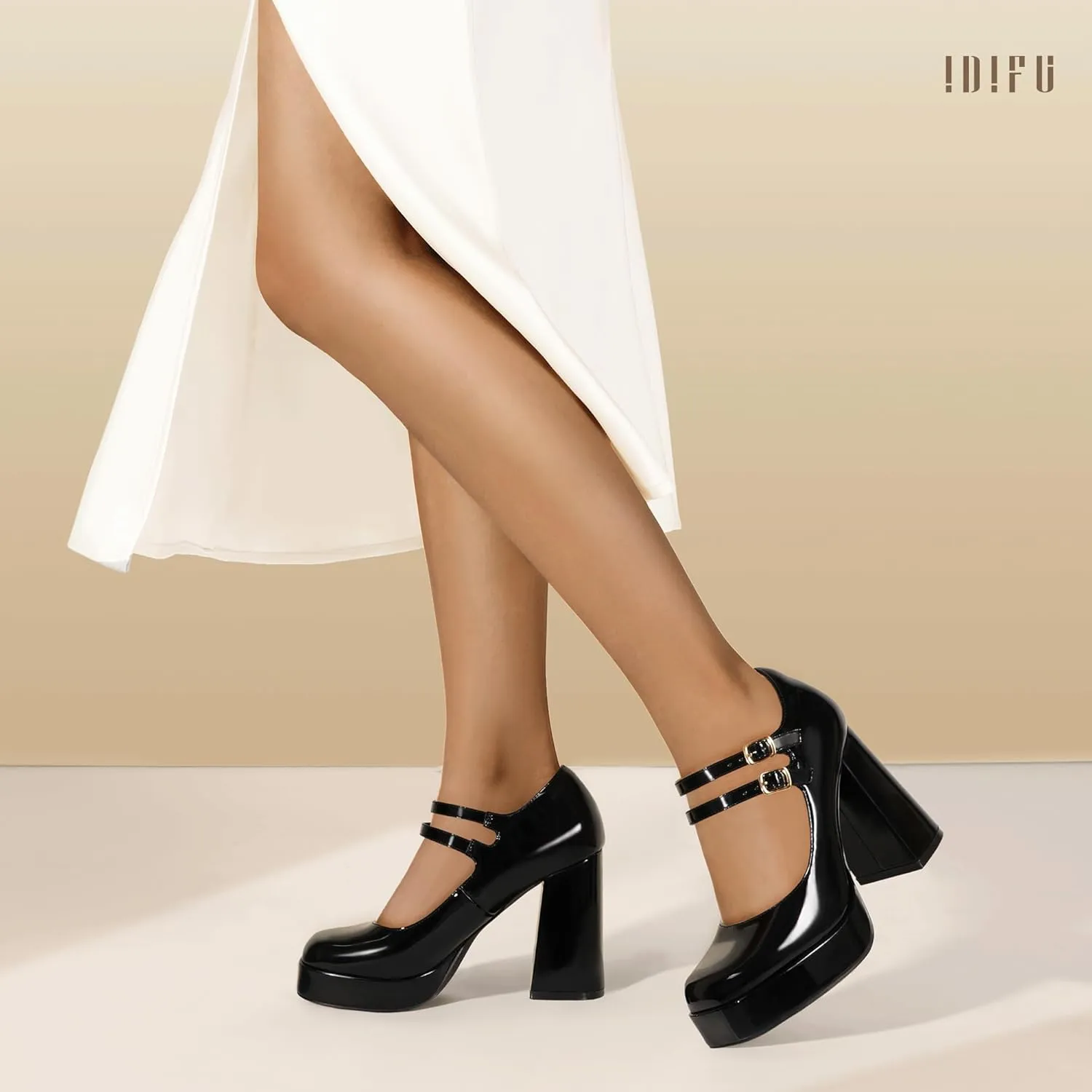 IDIFU IN4 Mary Jane Shoes Platform Chunky High Heels Closed Toe Dress Shoes for Women Wedding Work Business Homecoming Party Shoes Comfortable Casual Dressy Square Toe Heels Pumps
