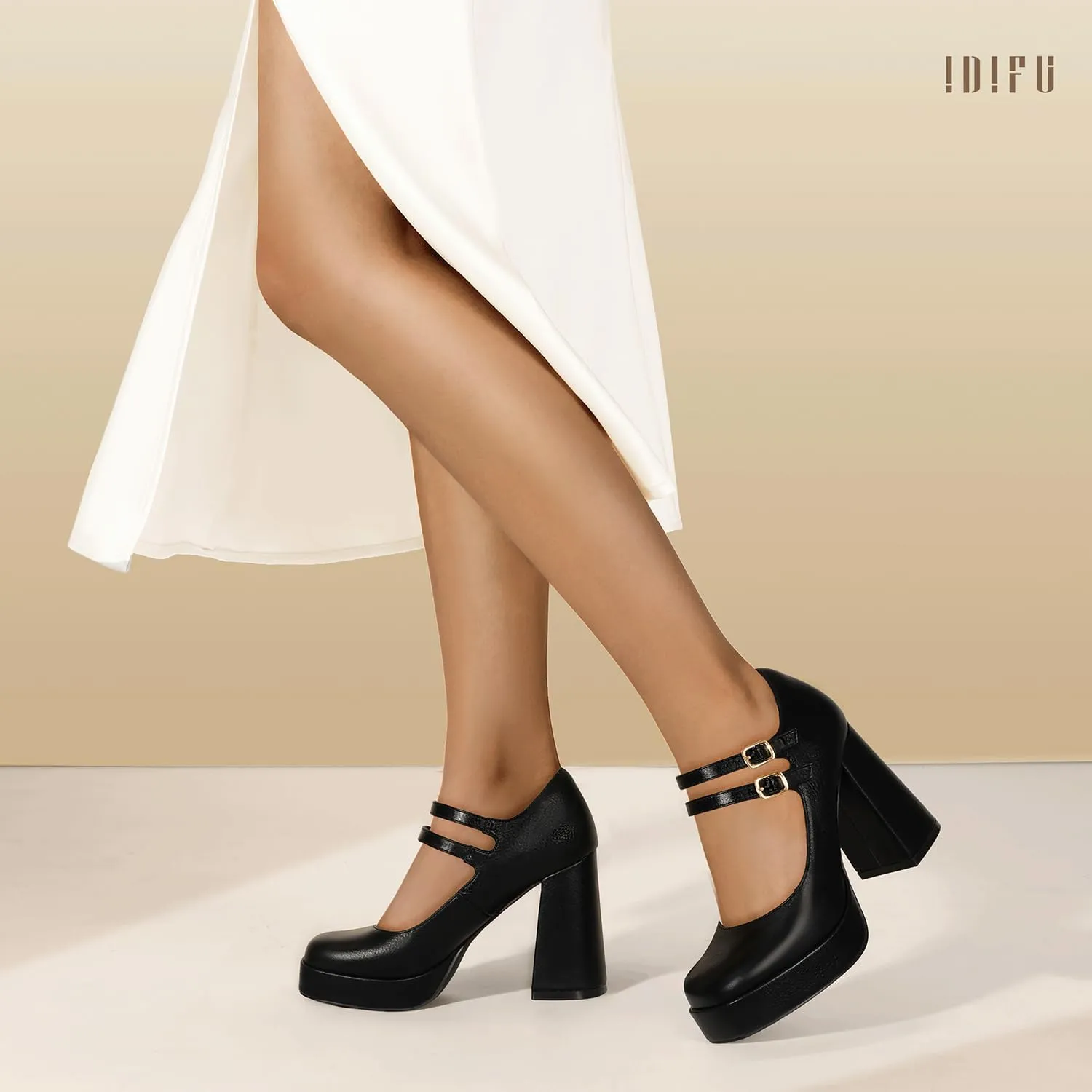 IDIFU IN4 Mary Jane Shoes Platform Chunky High Heels Closed Toe Dress Shoes for Women Wedding Work Business Homecoming Party Shoes Comfortable Casual Dressy Square Toe Heels Pumps