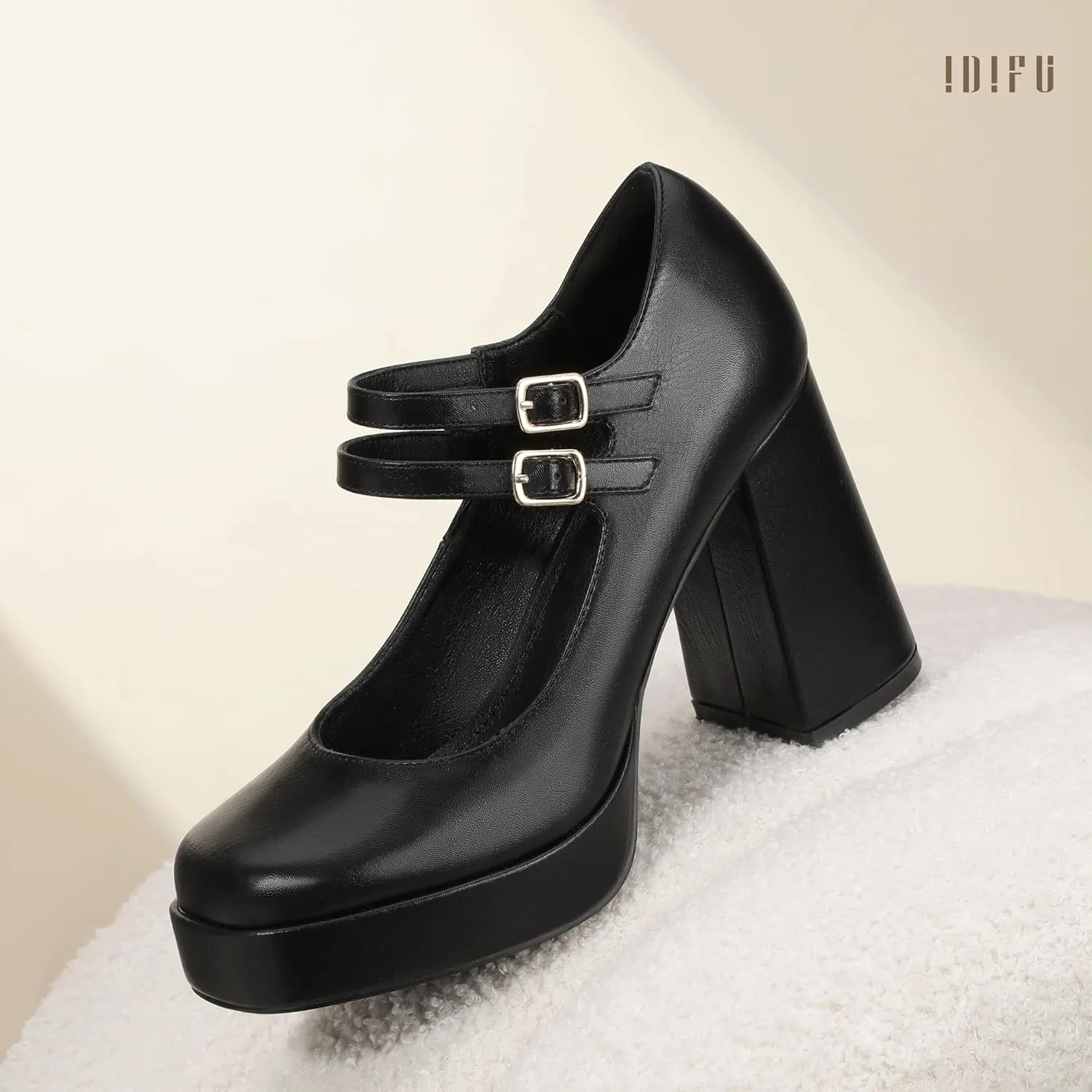 IDIFU IN4 Mary Jane Shoes Platform Chunky High Heels Closed Toe Dress Shoes for Women Wedding Work Business Homecoming Party Shoes Comfortable Casual Dressy Square Toe Heels Pumps