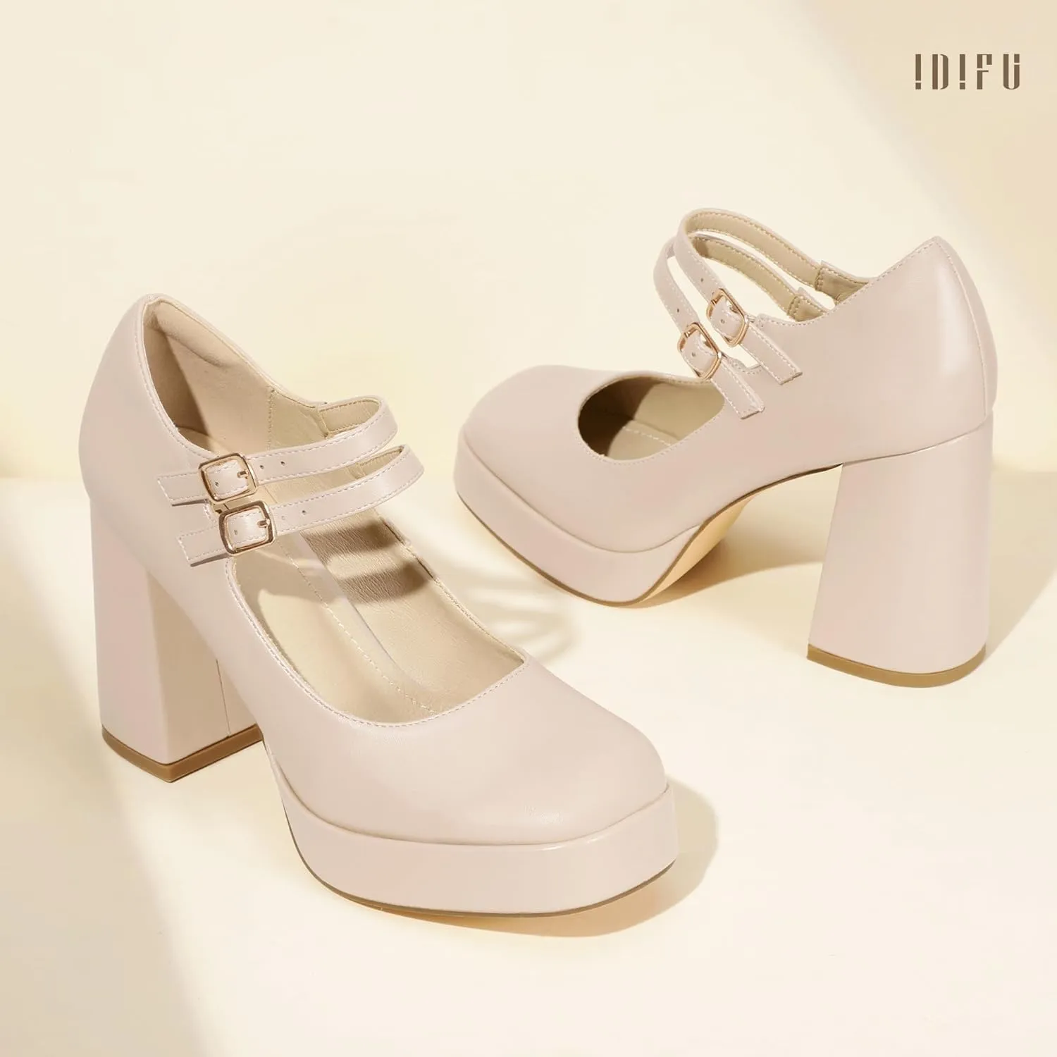 IDIFU IN4 Mary Jane Shoes Platform Chunky High Heels Closed Toe Dress Shoes for Women Wedding Work Business Homecoming Party Shoes Comfortable Casual Dressy Square Toe Heels Pumps