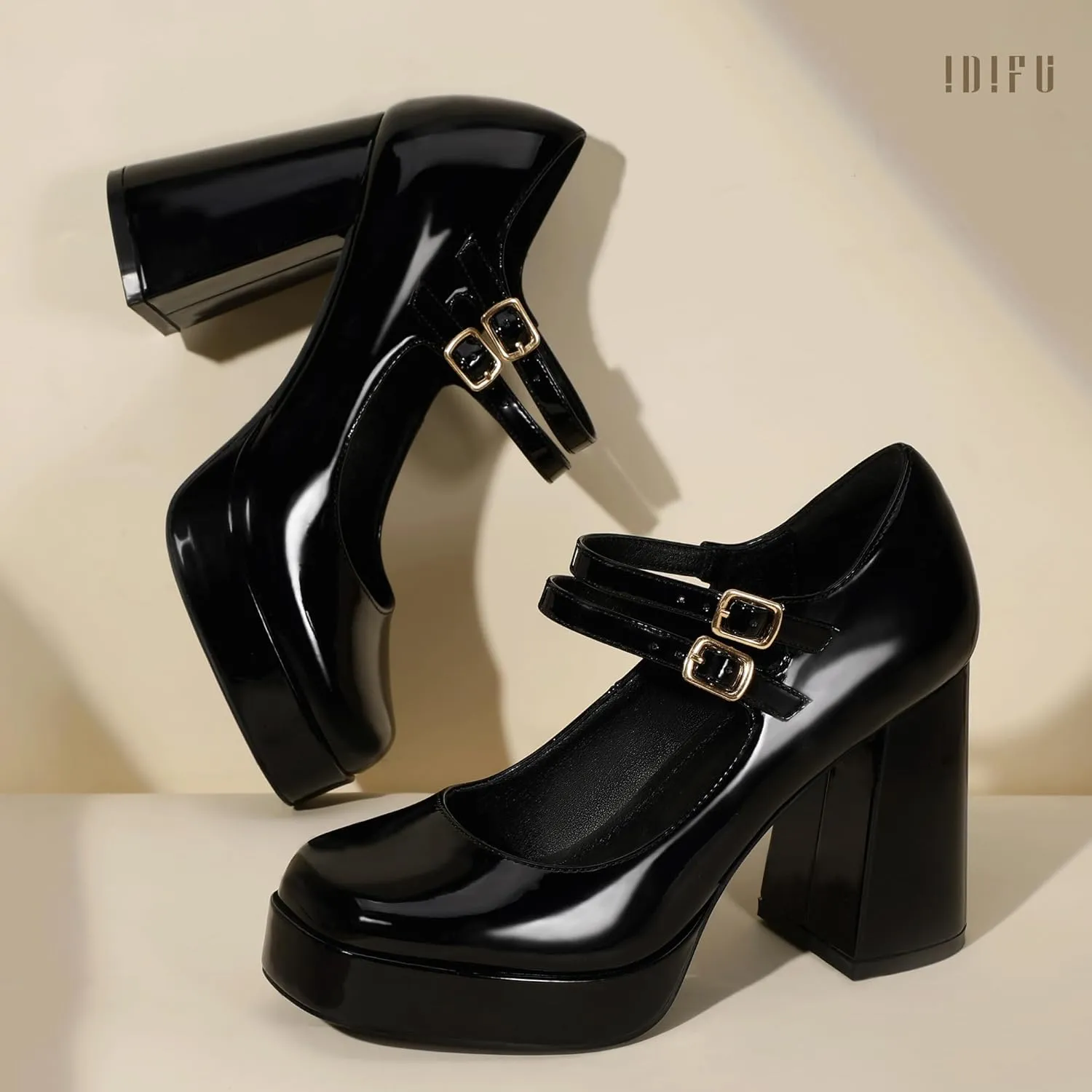 IDIFU IN4 Mary Jane Shoes Platform Chunky High Heels Closed Toe Dress Shoes for Women Wedding Work Business Homecoming Party Shoes Comfortable Casual Dressy Square Toe Heels Pumps