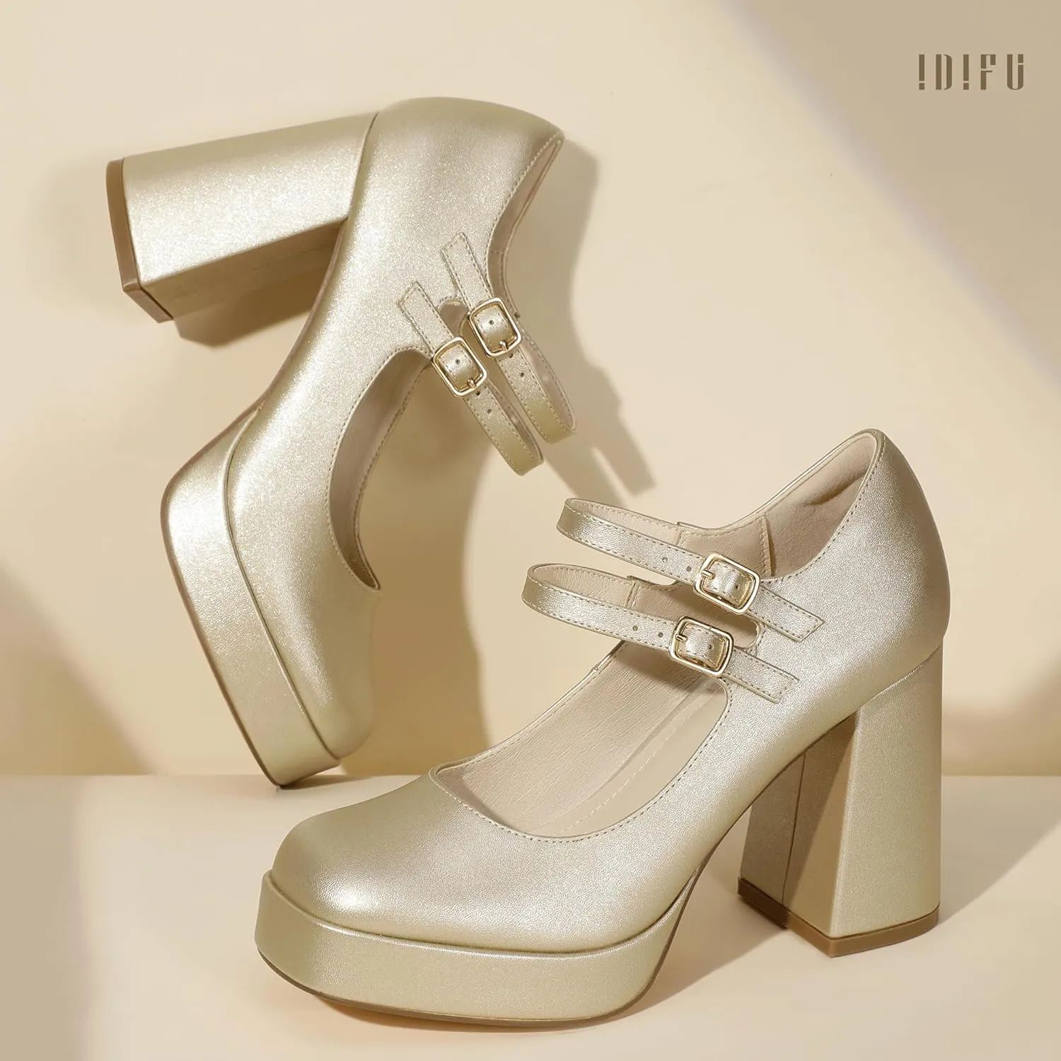 IDIFU IN4 Mary Jane Shoes Platform Chunky High Heels Closed Toe Dress Shoes for Women Wedding Work Business Homecoming Party Shoes Comfortable Casual Dressy Square Toe Heels Pumps