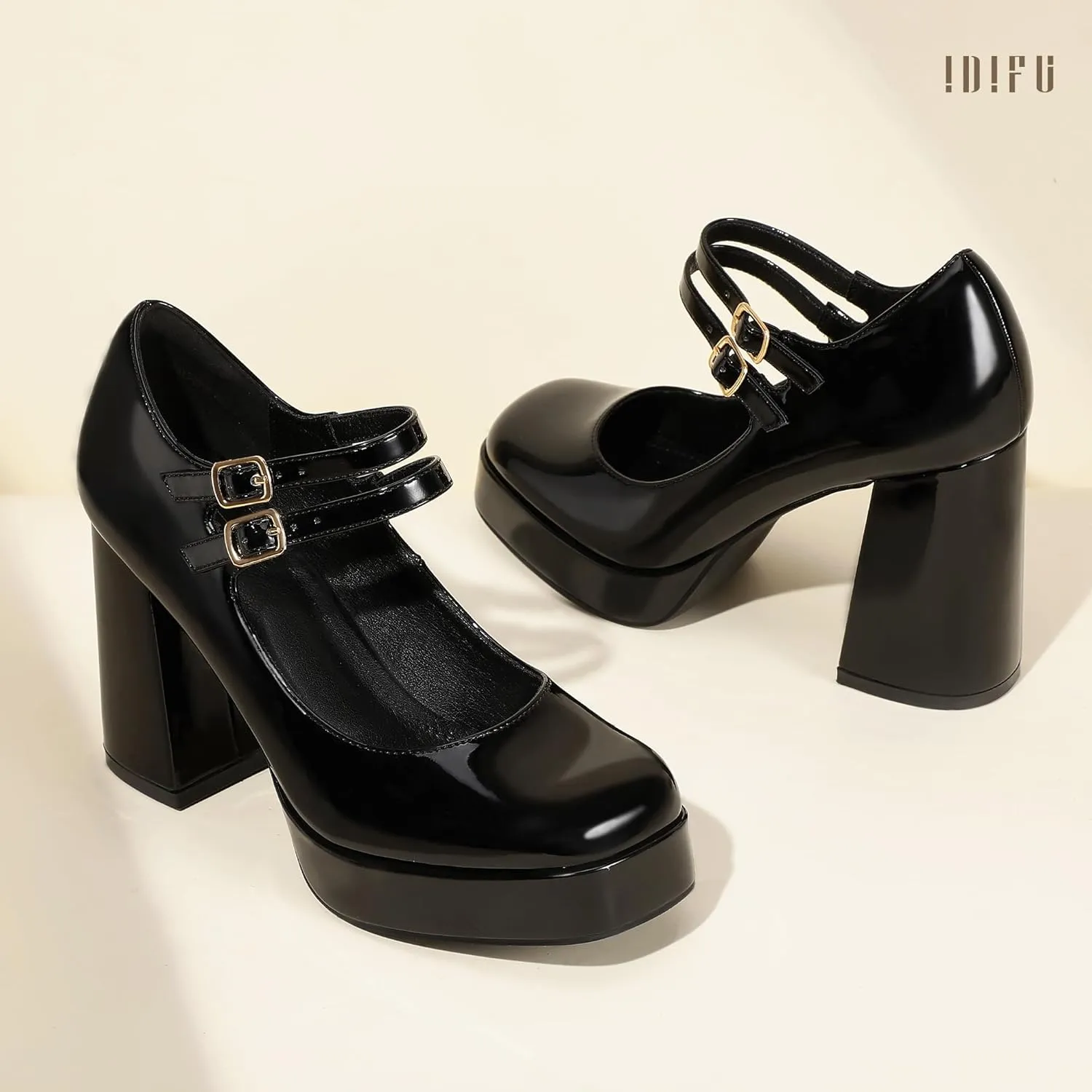 IDIFU IN4 Mary Jane Shoes Platform Chunky High Heels Closed Toe Dress Shoes for Women Wedding Work Business Homecoming Party Shoes Comfortable Casual Dressy Square Toe Heels Pumps