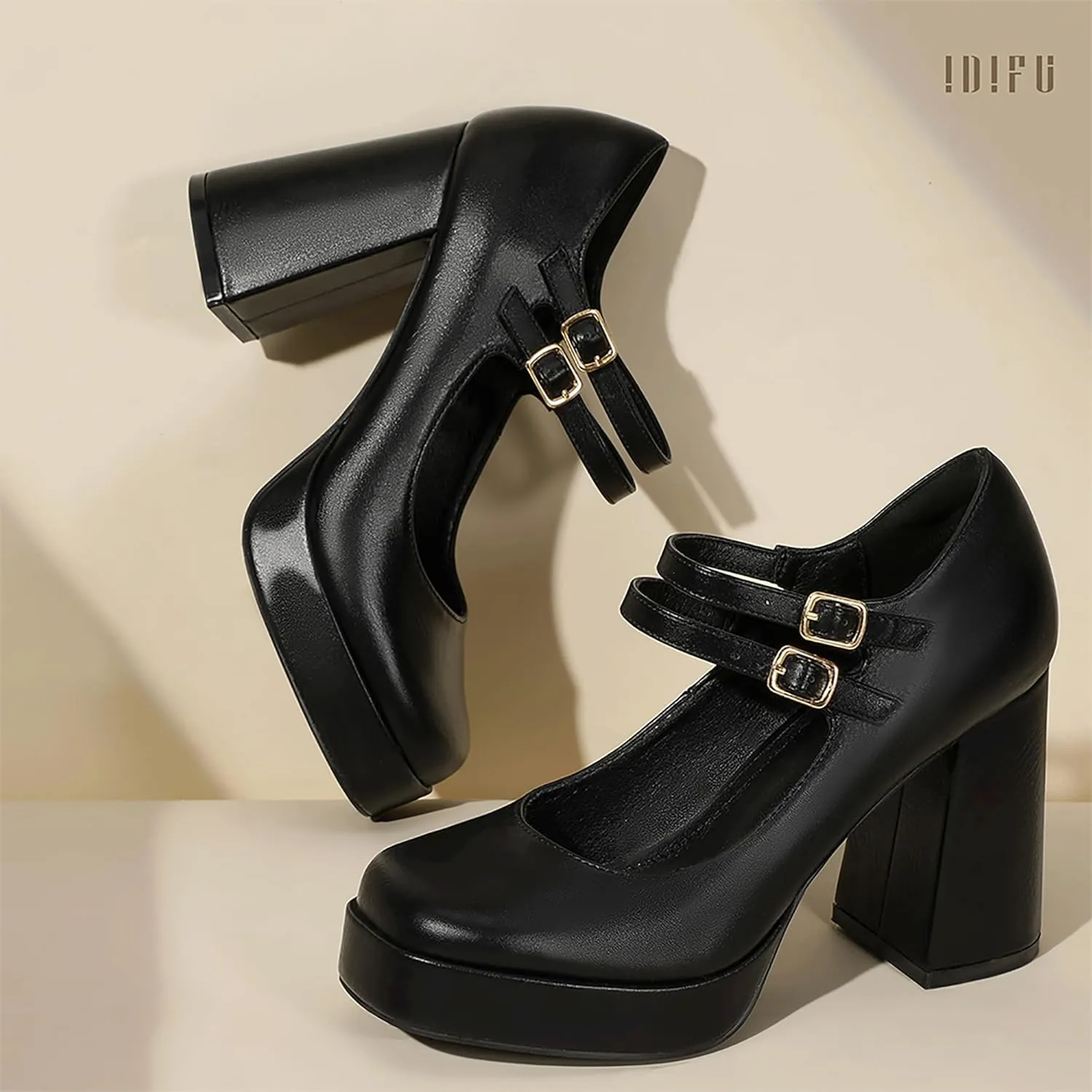 IDIFU IN4 Mary Jane Shoes Platform Chunky High Heels Closed Toe Dress Shoes for Women Wedding Work Business Homecoming Party Shoes Comfortable Casual Dressy Square Toe Heels Pumps