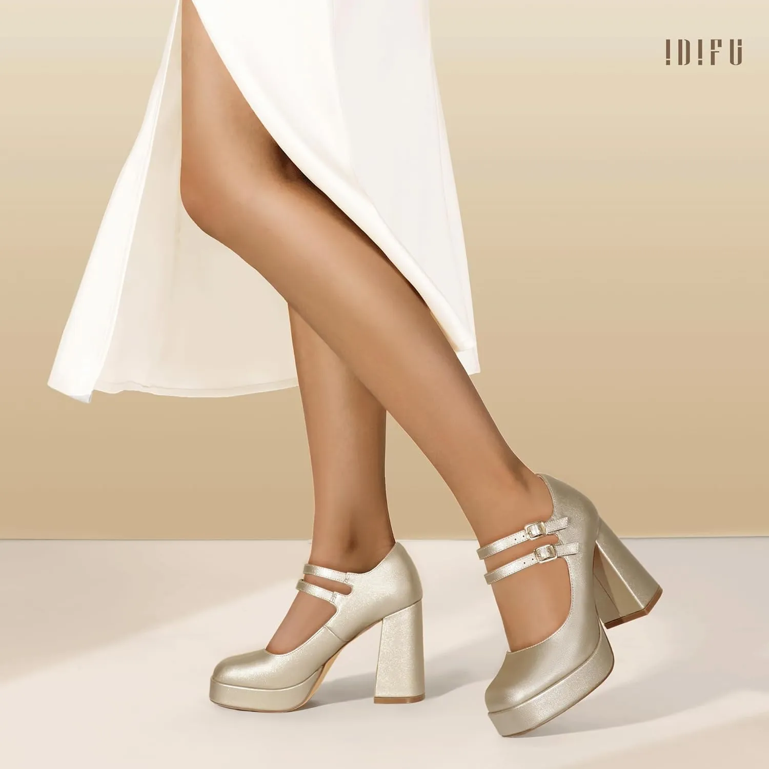 IDIFU IN4 Mary Jane Shoes Platform Chunky High Heels Closed Toe Dress Shoes for Women Wedding Work Business Homecoming Party Shoes Comfortable Casual Dressy Square Toe Heels Pumps