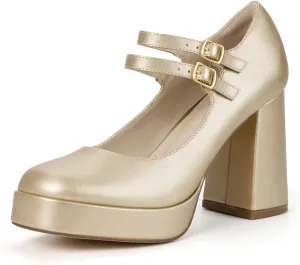 IDIFU IN4 Mary Jane Shoes Platform Chunky High Heels Closed Toe Dress Shoes for Women Wedding Work Business Homecoming Party Shoes Comfortable Casual Dressy Square Toe Heels Pumps