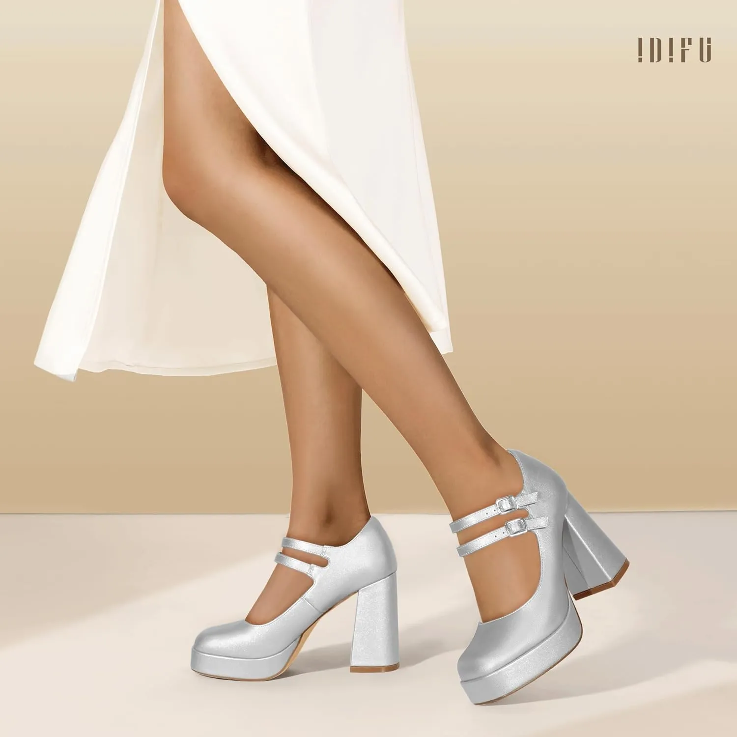 IDIFU IN4 Mary Jane Shoes Platform Chunky High Heels Closed Toe Dress Shoes for Women Wedding Work Business Homecoming Party Shoes Comfortable Casual Dressy Square Toe Heels Pumps