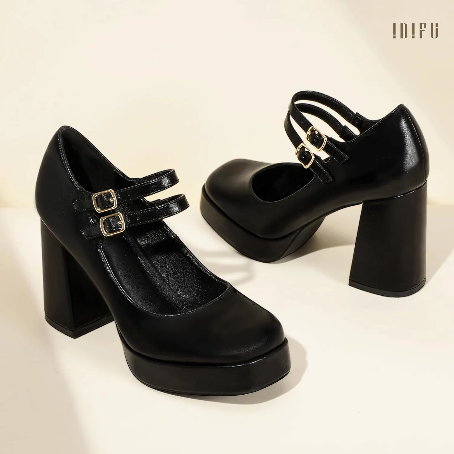 IDIFU IN4 Mary Jane Shoes Platform Chunky High Heels Closed Toe Dress Shoes for Women Wedding Work Business Homecoming Party Shoes Comfortable Casual Dressy Square Toe Heels Pumps
