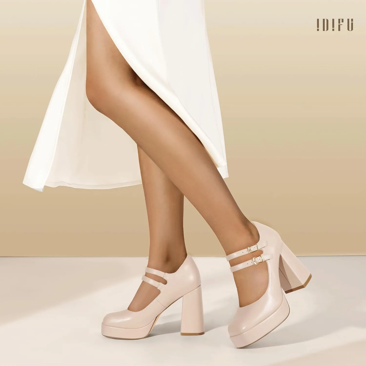 IDIFU IN4 Mary Jane Shoes Platform Chunky High Heels Closed Toe Dress Shoes for Women Wedding Work Business Homecoming Party Shoes Comfortable Casual Dressy Square Toe Heels Pumps