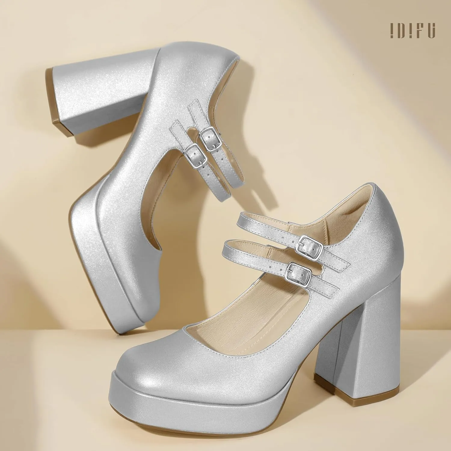 IDIFU IN4 Mary Jane Shoes Platform Chunky High Heels Closed Toe Dress Shoes for Women Wedding Work Business Homecoming Party Shoes Comfortable Casual Dressy Square Toe Heels Pumps