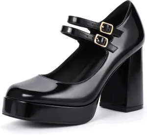 IDIFU IN4 Mary Jane Shoes Platform Chunky High Heels Closed Toe Dress Shoes for Women Wedding Work Business Homecoming Party Shoes Comfortable Casual Dressy Square Toe Heels Pumps