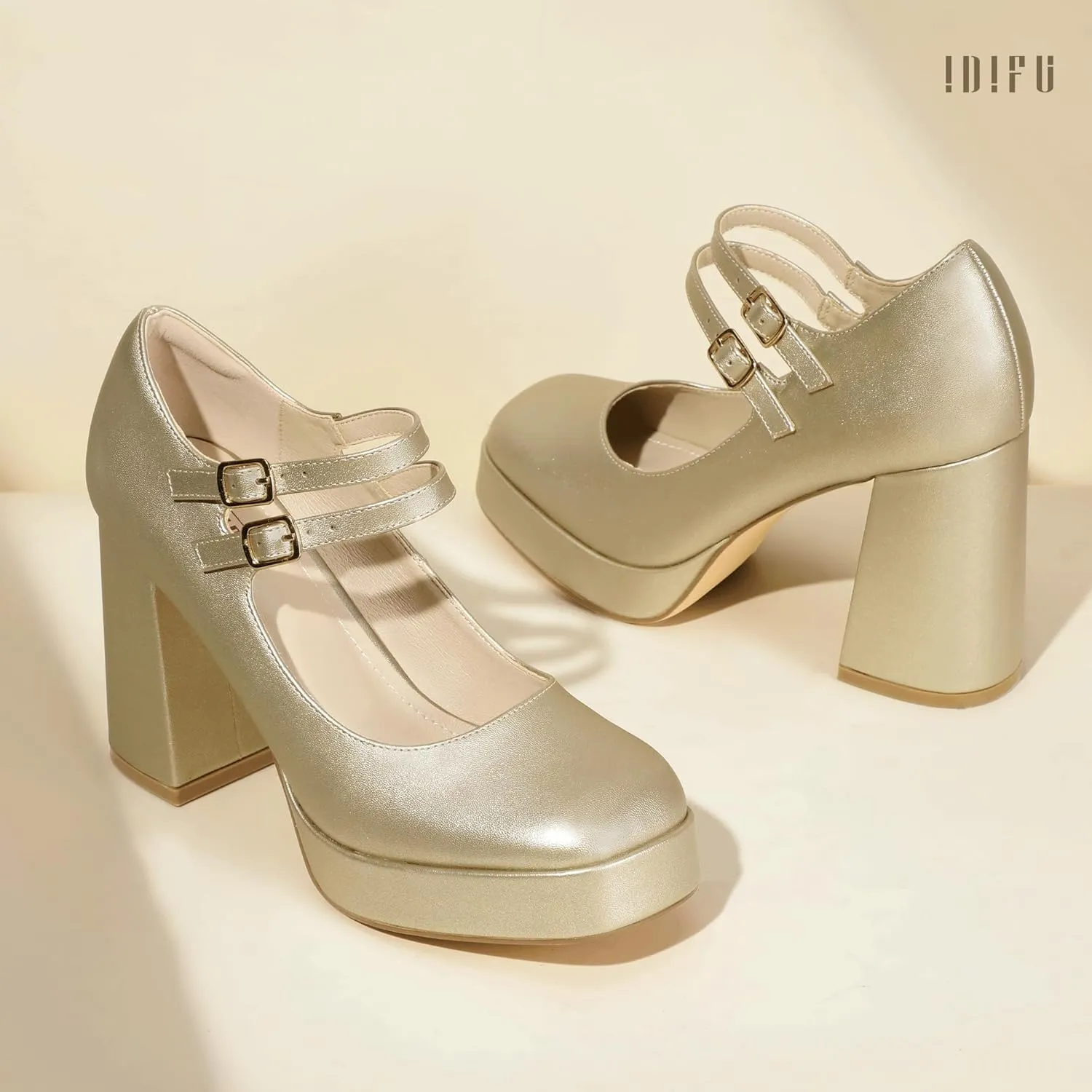 IDIFU IN4 Mary Jane Shoes Platform Chunky High Heels Closed Toe Dress Shoes for Women Wedding Work Business Homecoming Party Shoes Comfortable Casual Dressy Square Toe Heels Pumps