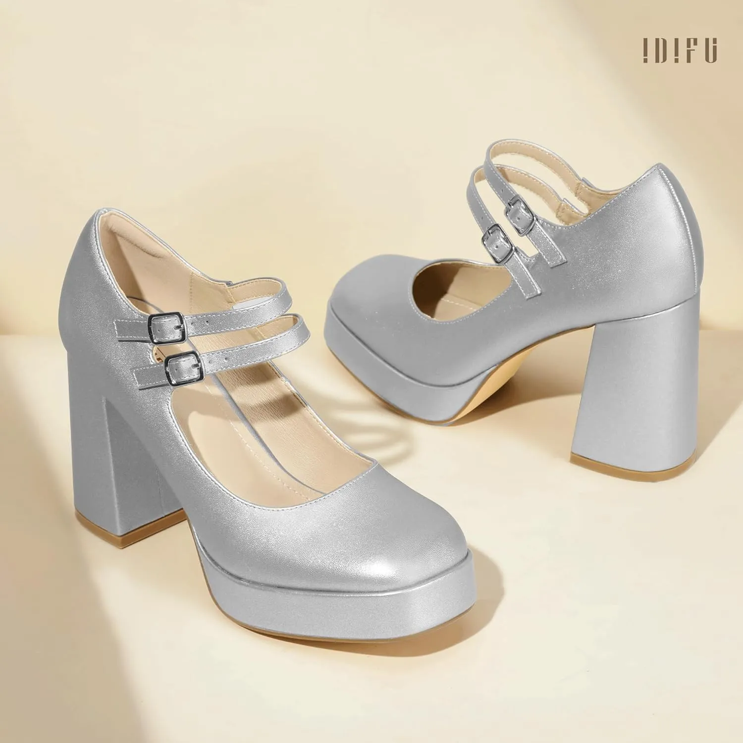 IDIFU IN4 Mary Jane Shoes Platform Chunky High Heels Closed Toe Dress Shoes for Women Wedding Work Business Homecoming Party Shoes Comfortable Casual Dressy Square Toe Heels Pumps