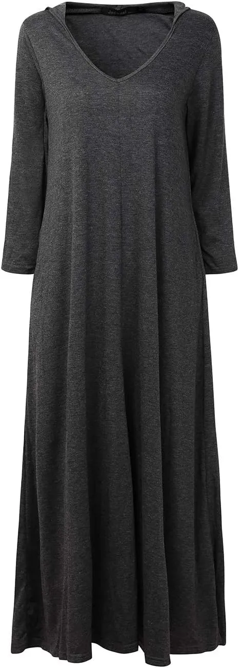 Jacansi Women's V-Neck Casual Long Sleeve/Short Sleeve Maxi Dress Hoodie Pocket Dress