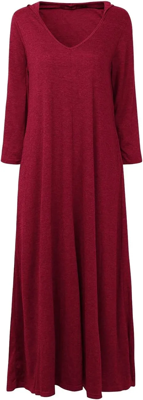 Jacansi Women's V-Neck Casual Long Sleeve/Short Sleeve Maxi Dress Hoodie Pocket Dress