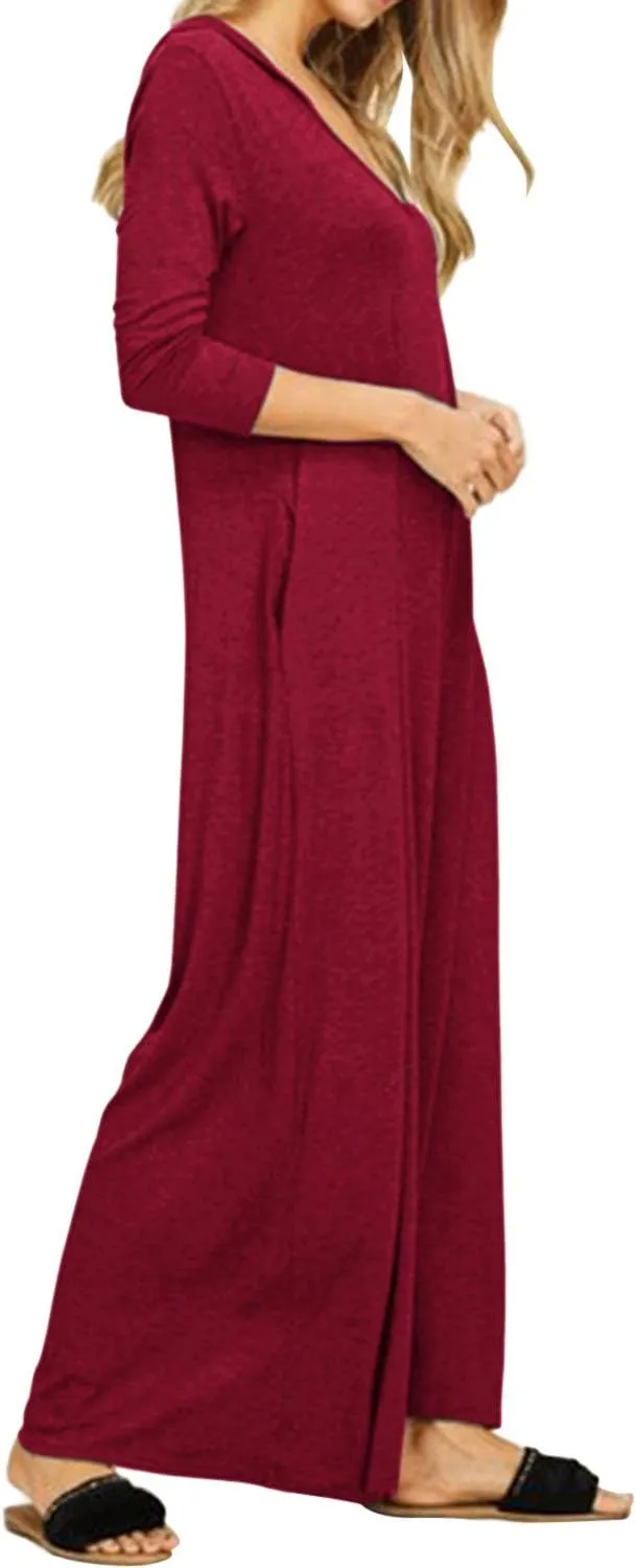 Jacansi Women's V-Neck Casual Long Sleeve/Short Sleeve Maxi Dress Hoodie Pocket Dress