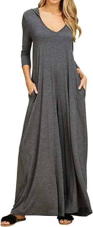 Jacansi Women's V-Neck Casual Long Sleeve/Short Sleeve Maxi Dress Hoodie Pocket Dress