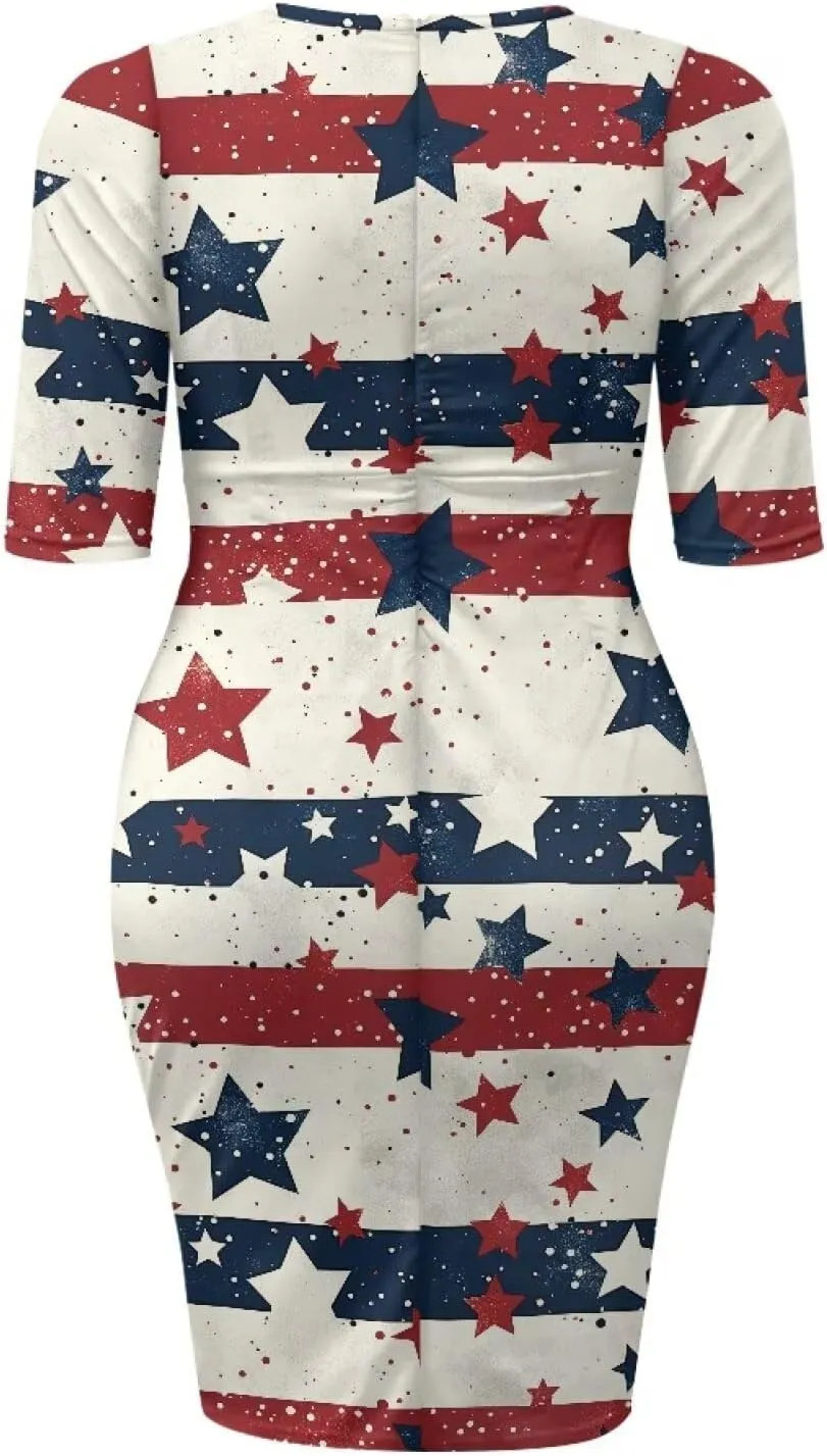 Jamaican Flag Printed Women 3/4 Sleeve Pencil Midi Knee Length Bodycon Cocktail Dresses Office Work Dresses