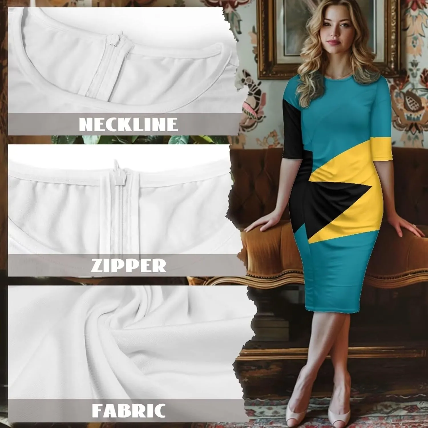 Jamaican Flag Printed Women 3/4 Sleeve Pencil Midi Knee Length Bodycon Cocktail Dresses Office Work Dresses