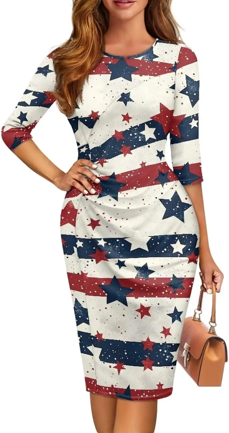 Jamaican Flag Printed Women 3/4 Sleeve Pencil Midi Knee Length Bodycon Cocktail Dresses Office Work Dresses