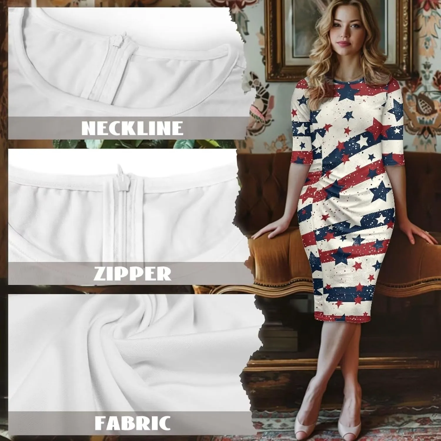 Jamaican Flag Printed Women 3/4 Sleeve Pencil Midi Knee Length Bodycon Cocktail Dresses Office Work Dresses